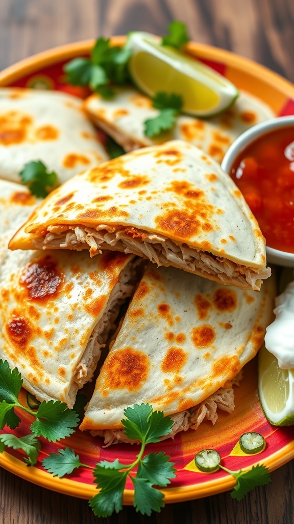 A crispy chicken quesadilla cut into wedges, served with salsa and sour cream.